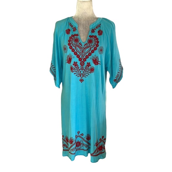 Sundance Aqua Blue Red Embroidered Knit Dress - M - Picture 1 of 10